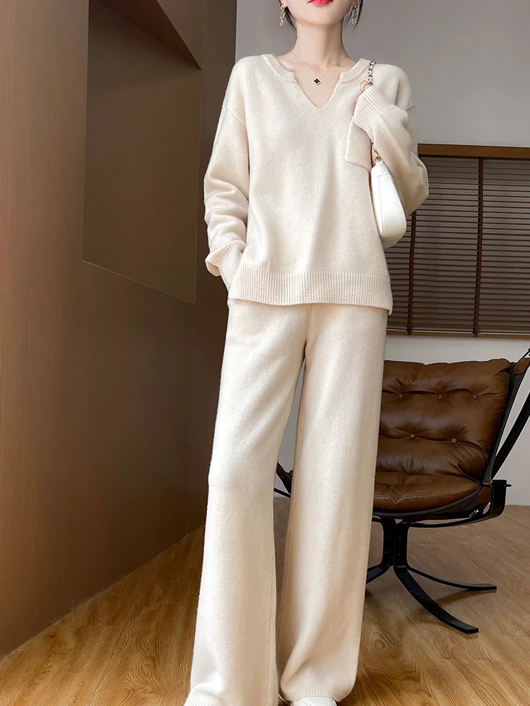 New Popular Women Cashmere Sweater Suit 100% Merino Wool Pullover Wide Leg Autumn Winter Soft Pocket Knitwear Quality Clothing