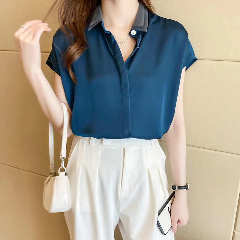 Satynowa bluzka damska z krótkim rękawem Top Office Lady V Neck Solid Color Office Blouses Fashion Summer Chiffon Shirt Blusas De Mujer