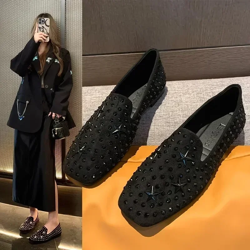

Women's Loafers Rivet Rhinestones Square Heel Women Work Shoes Comfortable for Leisure Versatile Canvas Flat Shoes Zapatos Mujer