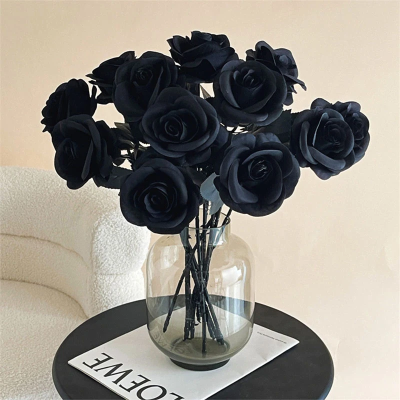 Fake Flower Black Silk Artificial Rose Flower Halloween Gothic Dark Flowers For Wedding Home Party Decor Simulation Flowers