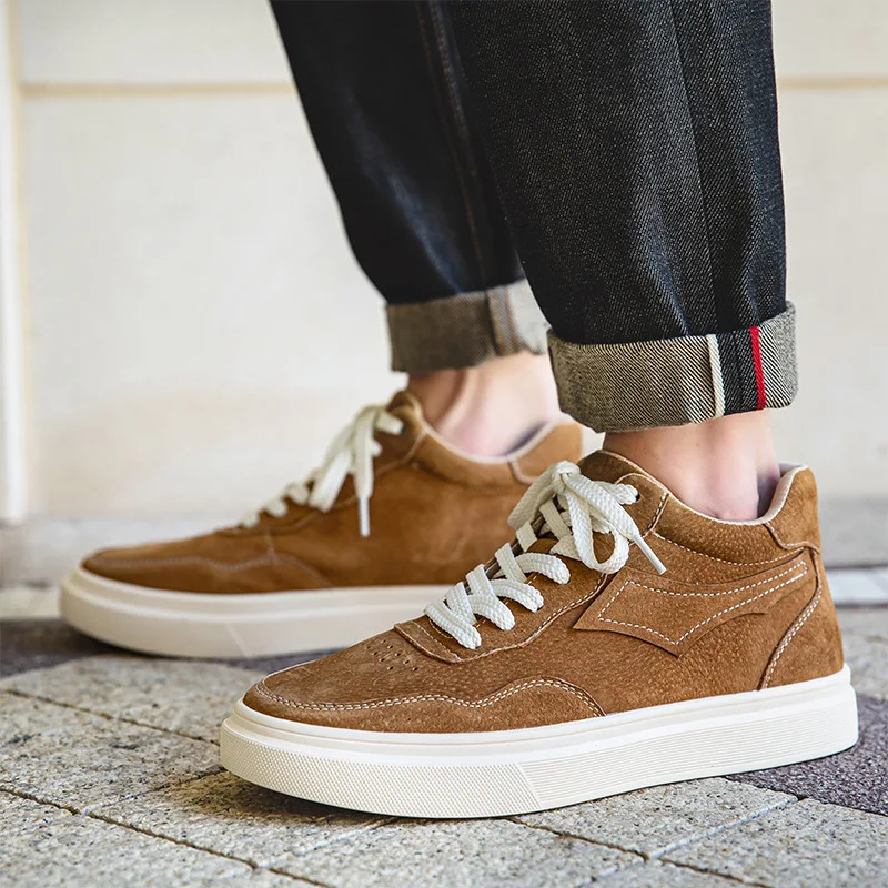 

Korean style mens leisure platform boots lace-up flats shoes spring autumn cowboy ankle boot cow suede leather short botas male