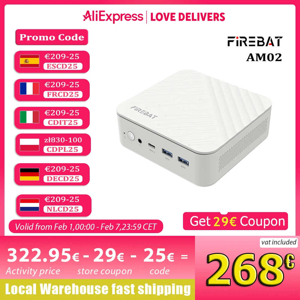 FIREBAT MINI PC AM02 AMD Ryzen 5 7430U Windows 11 PC 16GB DDR4 3200MHz 512GB SSD Wifi 6 BT5.2 HDMI 2.1 2.5Gbps Desktop Computer