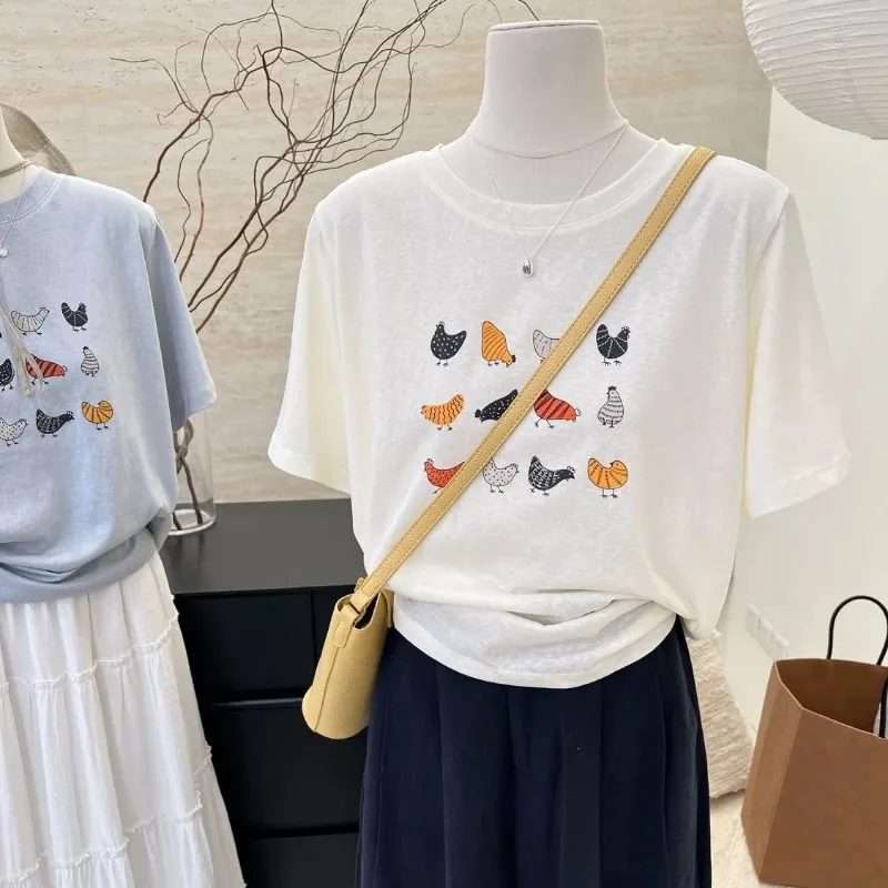 Women's Chicken Print T-shirt Ice Cotton Casual Short Sleeve Loose Fit Summer Top