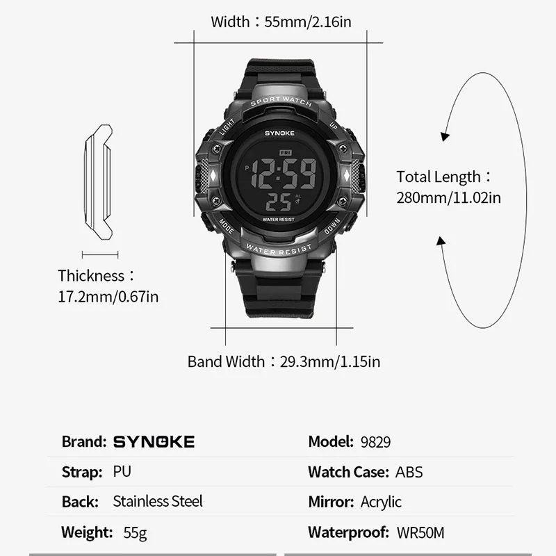Digital LED Watch For Men Multifunction Alarm Electronic Clock 50M Waterproof Watch,SYNOKE 9829