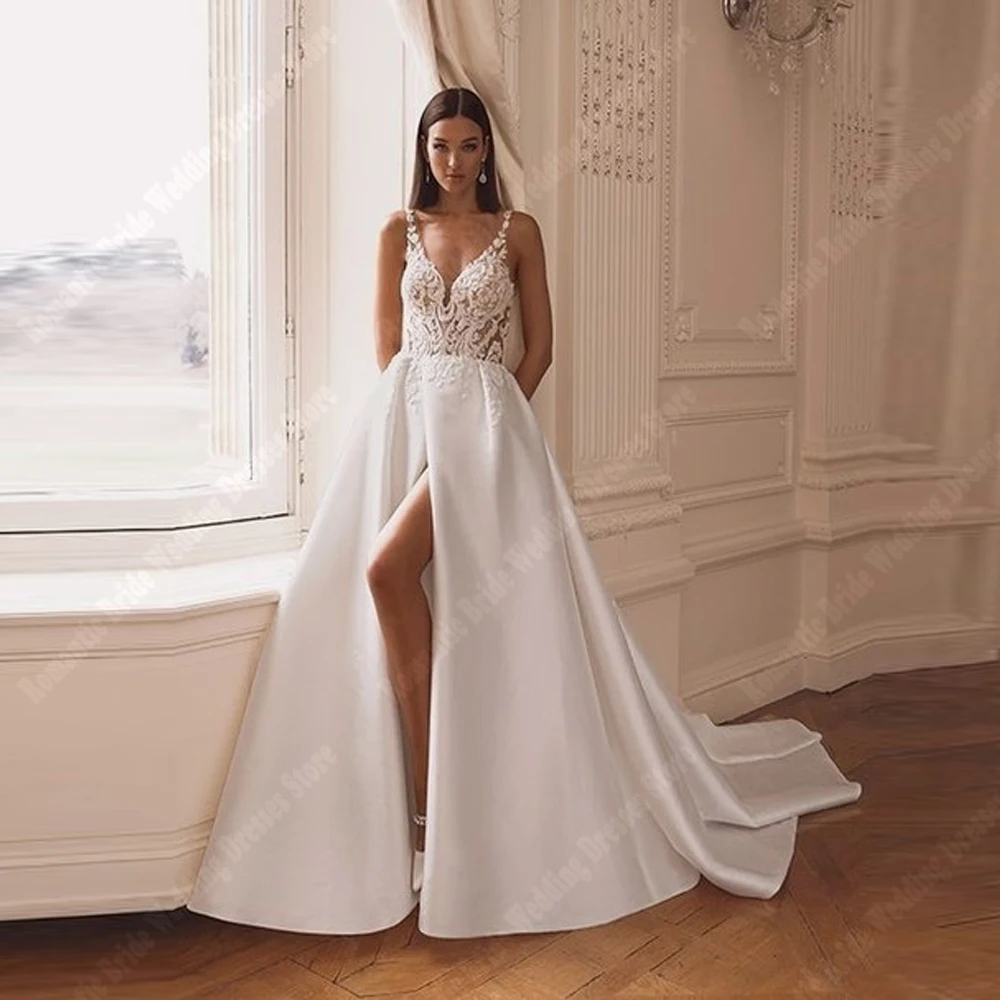 

2025 Elegant V-Neck Wedding Dresses Sexy Sleeveless Backless Prom Gowns Ball Mopping Length Princess Vestido De Novia Customized