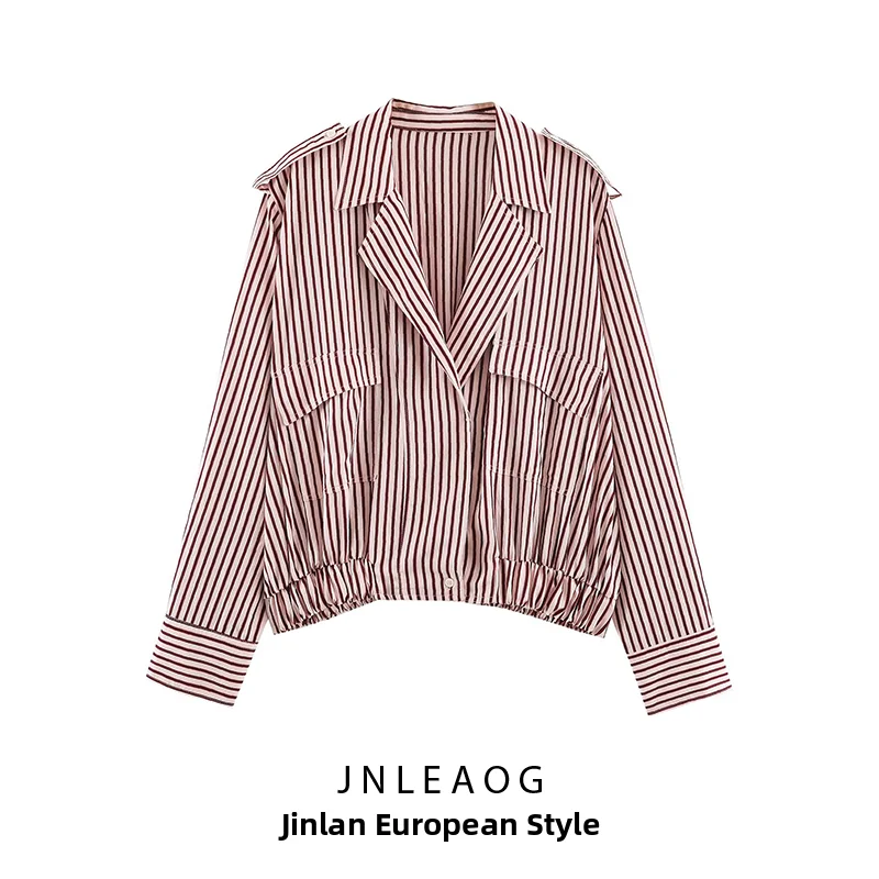 JNLEAOG Autumn New Women's Fashion Striped Pilot Jacket Style Shirt Casual Straight Cut Long Sleeve Polyester Fiber