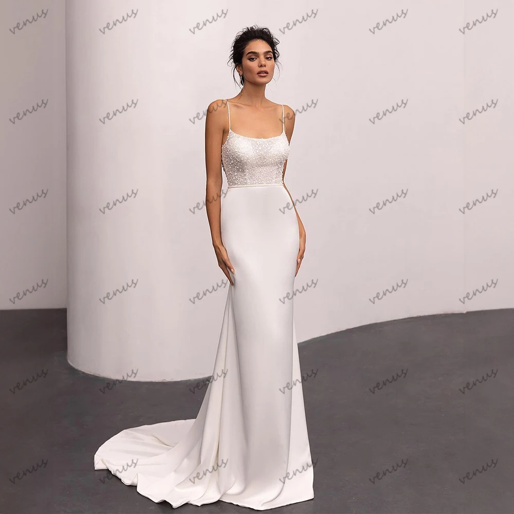 Vestidos De Novia glamorosos De satén, Vestidos De Novia elegantes con apliques De cuentas, vaina sin espalda, tren De barrido De sirena