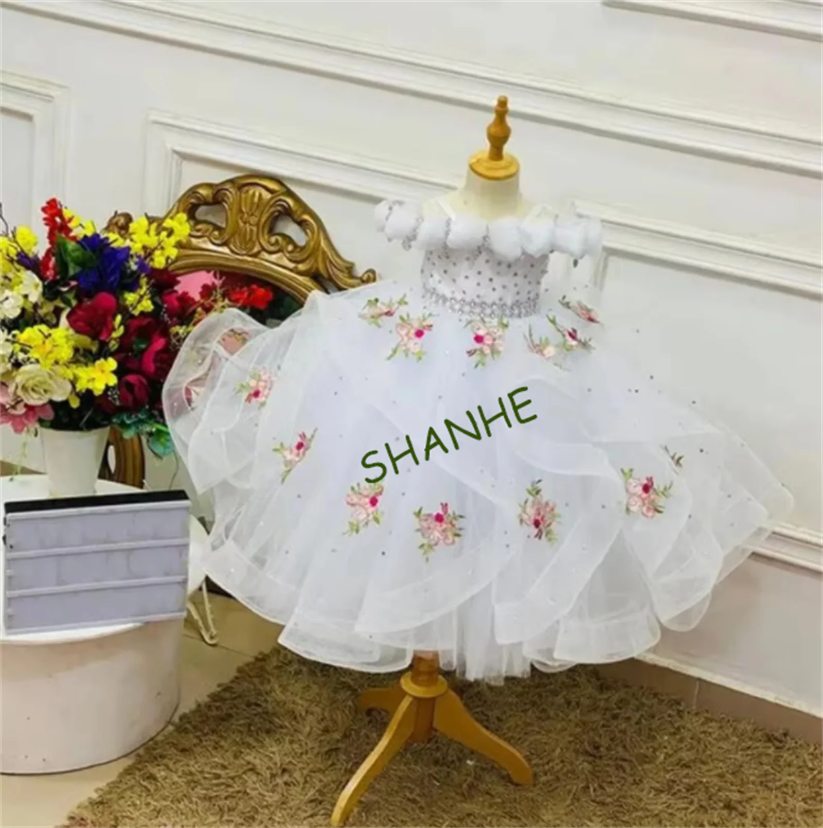 CustomizedLovely Baby Girl Birthday Party Dress Children Show Performance Costume Kids Long Tulle Gowns Boutique Handmade Clothe