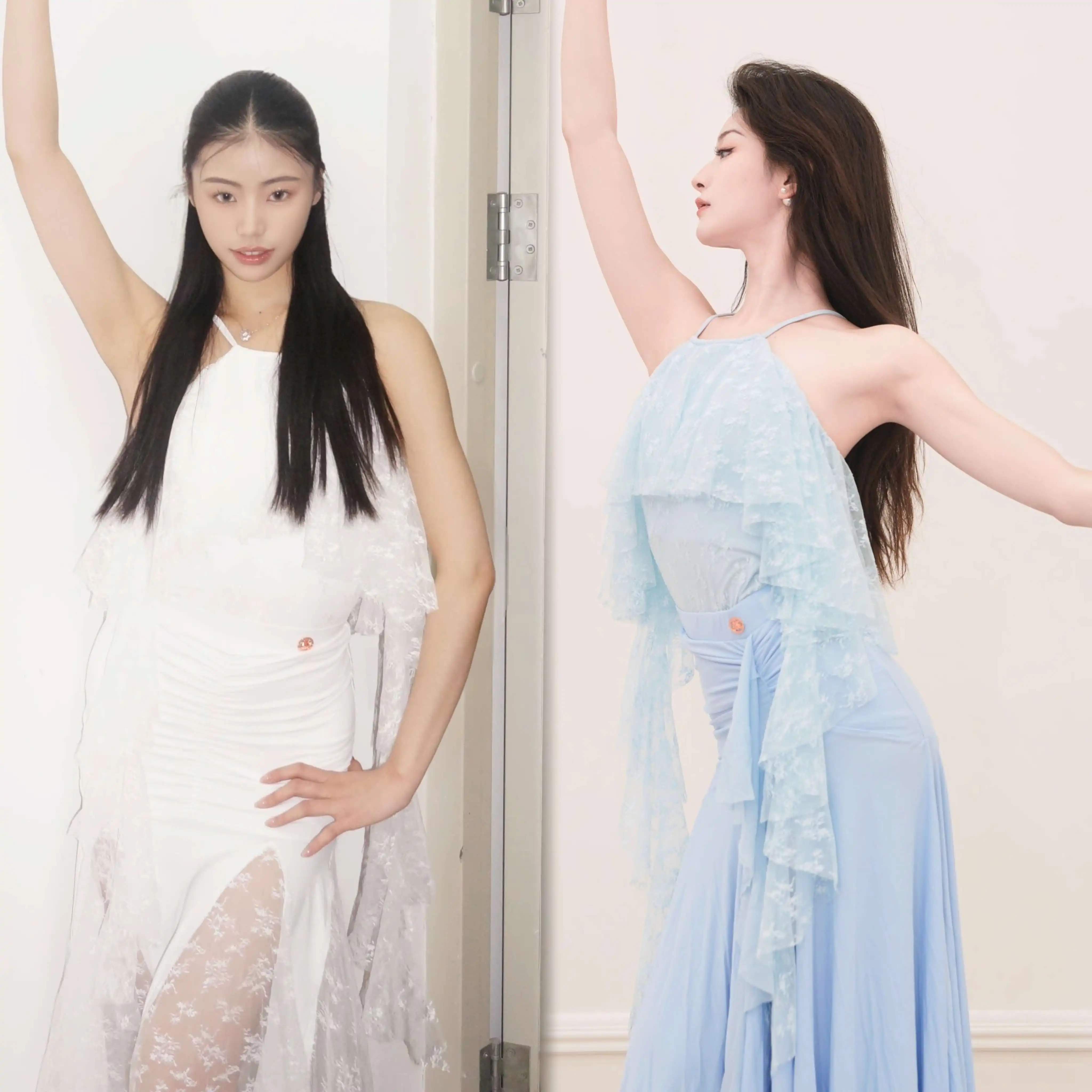 

Новая одежда для бальных танцев: бело-голубой боди с рюшами, длинная юбка, костюм для танго, вальса, выступлений и соревнований