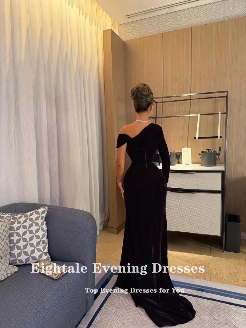 فستان سهرة أرجواني مخملي من Eightale لحفلات الزفاف مخصص بأكمام طويلة فساتين حفلات عربية رداء السهرة