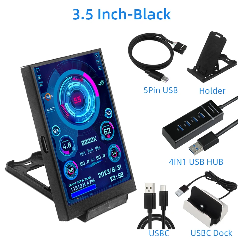 3,5-Zoll-IPS-Sekundärbildschirm, USB-Typ-C-Display, PC, Computer, CPU, GPU, RAM, HDD, USB-Monitor, LCD, kein AIDA64 für Windows 10, 11