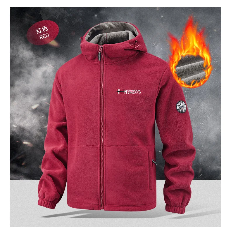 

New fashion fleece jacket with American-style hood for men. Outdoor style. Couple's version. Thickened with extra padding.