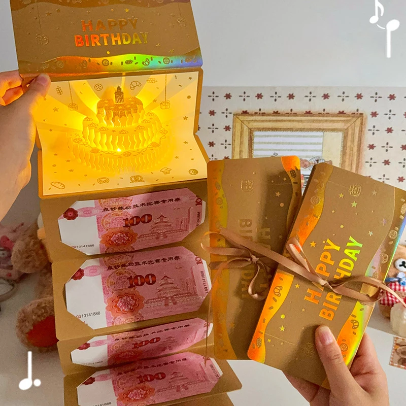 1PC 3D Pop-Up Birthday Red Envelope Greeting Card 6 Card Slots Foldable New Year's Money Red Envelope Gold Surprise Gifts