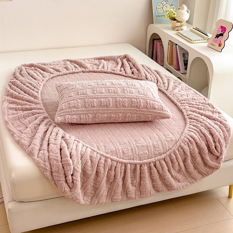 Jacquard Winter Thick Warm Mattress Cover Fitted Sheet with Elastic Band Single Double Queen Size Bed Cover Fleece Bed Sheet