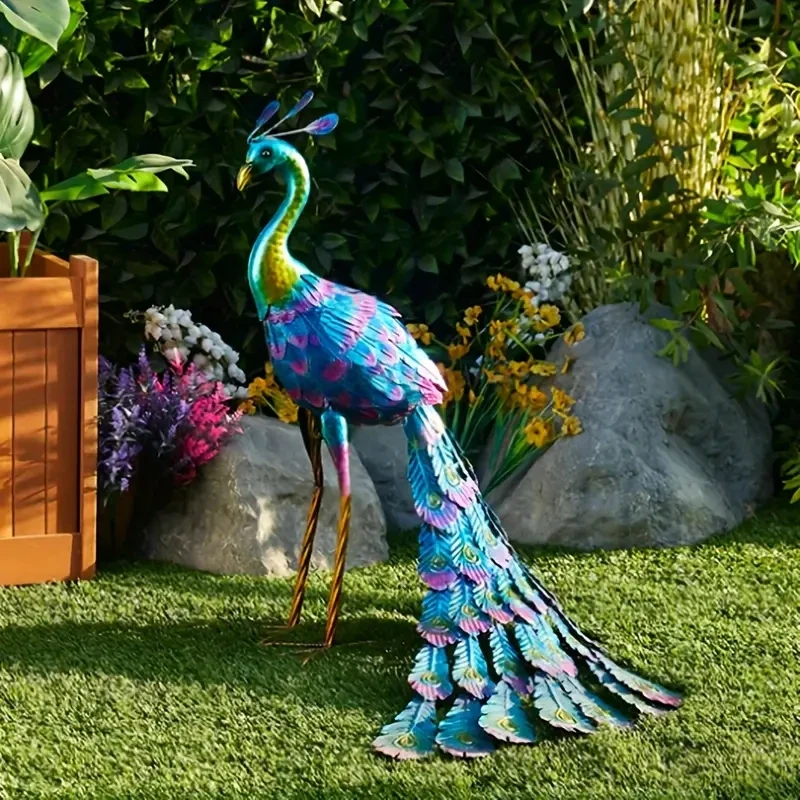 Multicolor Metallic Peacock Statue Home Garden Decoration Gift Metal Crafts Colorful Metal Peacock Outdoor Decoration