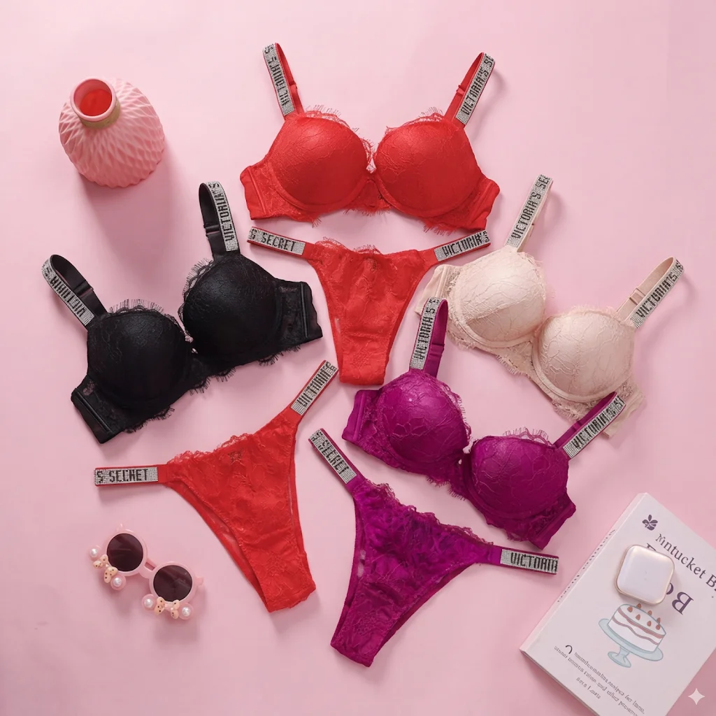 Conjunto de lencería clásico de Victoria's Secret, sujetador y braga nuevos, suaves, con relleno, transpirables, con encaje sexy y diseño fruncido para mujer.