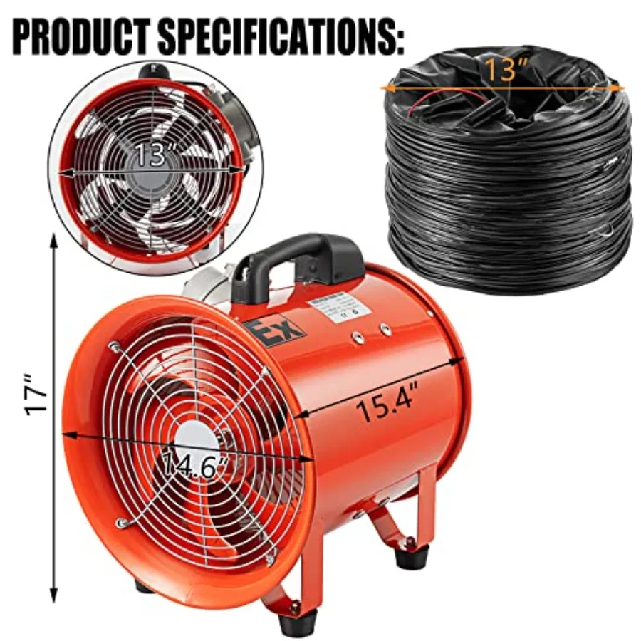Explosion Proof Fan 12 Inch 550W Utility Blower Fan 2719 CFM Portable Explosion Proof Ventilator High Velocity Utility Blower w