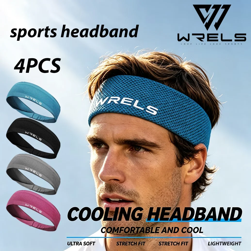 WRELS 4pcs Summer Sports Headband Cooling Breathable Moisture Wicking Sweatband Unisex Quick Dry Tennis Running Workout Headband