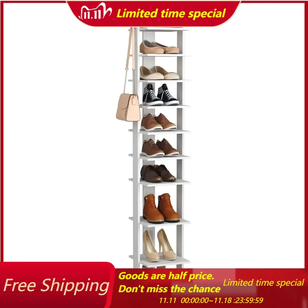 

10-Tier Vertical Shoe Rack, Corner Shoes Tower, Slim Shoes Organizer with Two Hanging Hooks, Wooden Shoe Storage Stand fo