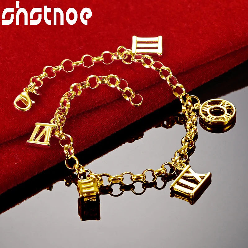 SHSTONE 24K Gold Chain Roman Numerals Pendant Charm Bracelet For Woman Man Birthday Wedding Engagement Party Fashion Jewelry