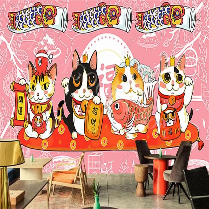 Cartoon Cute Maneki Neko Pink Background 3D Wallpaper for Japanese Style Sushi Shop Restaurant Background Wall Mural Wall Paper