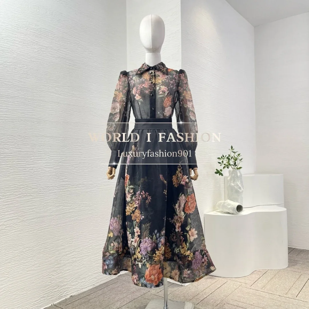 

2024 New Autumn Black Floral Print Long Sleeve Blouse Tops and Skirt Set for Women