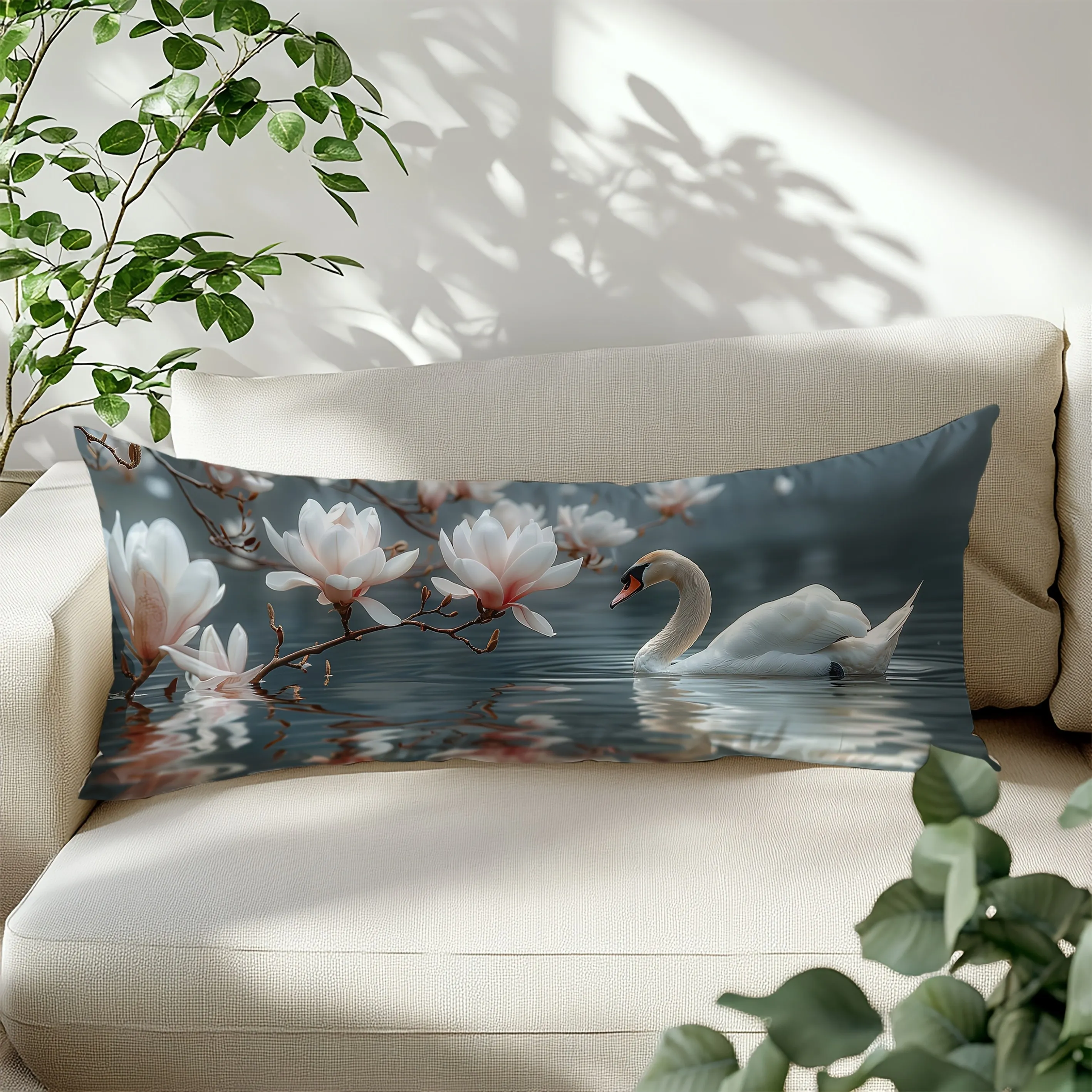 1 Extra-Long Pillowcase - Elegant White and Pink Floral Pattern with Magnolia and Swan Prints, Soft Polyester Fiber Pillowcase w