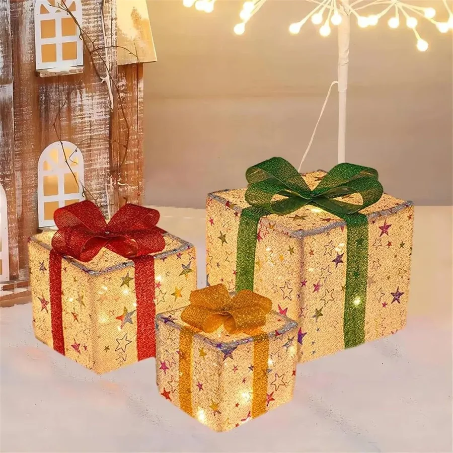 Creative 3Pcs Christmas Gift Box Lights Battery Operated 8 Modes Remote Control Fairy Light Garland for New Year Christmas Decor