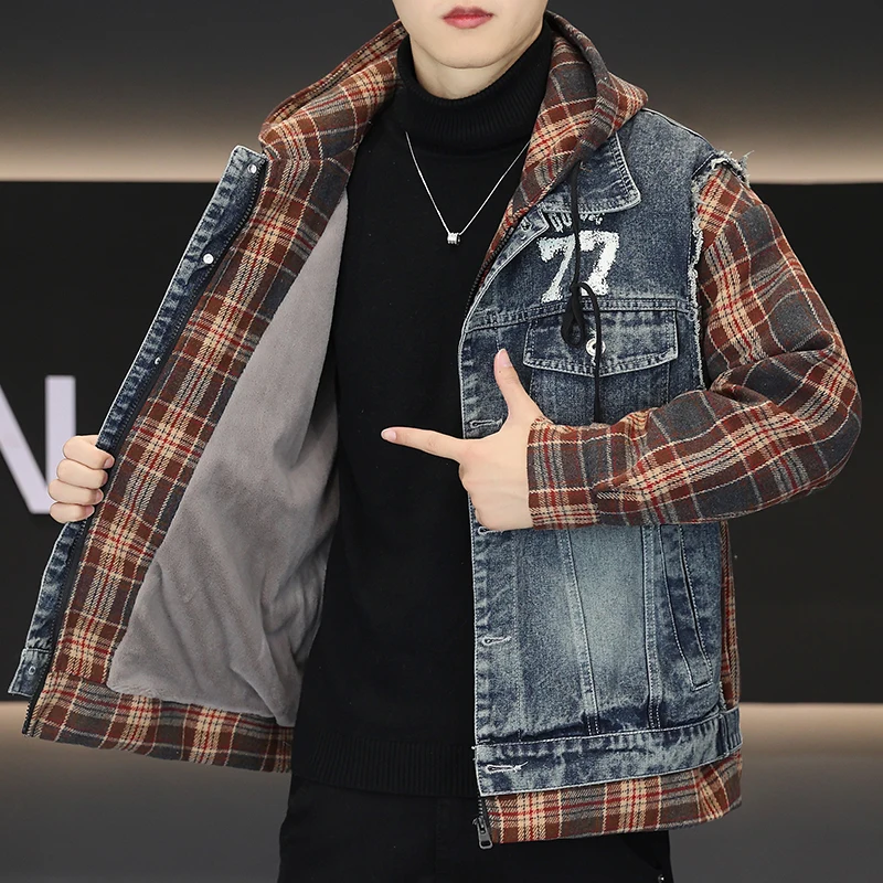 

Autumn Winter Thickened Fleece Men's Denim Jacket New Style Cotton Jacket Coat Warm Fashionable Outerwear