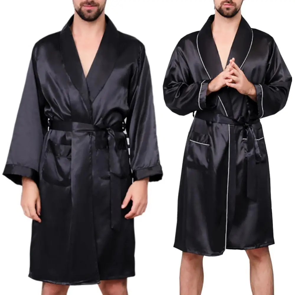 Sleepwear Pockets Belt Men Summer Imitation Silk with Waist Bath Robe Home Gown Sleepwear