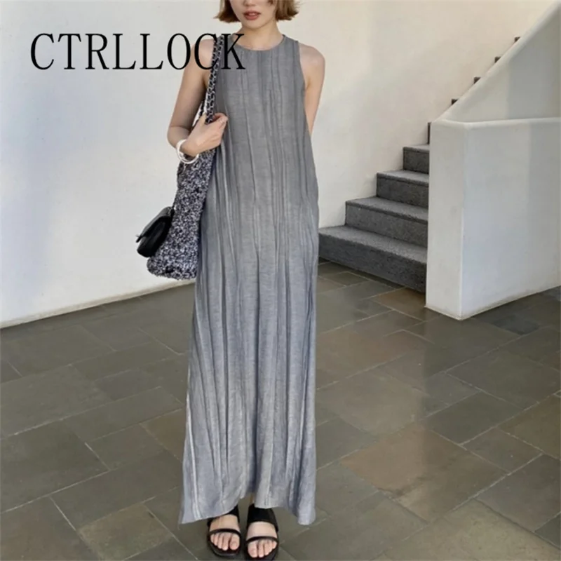 CTRLOCK-Vestido feminino plissado sem mangas com o pescoço, vestidos longos soltos, regata casual