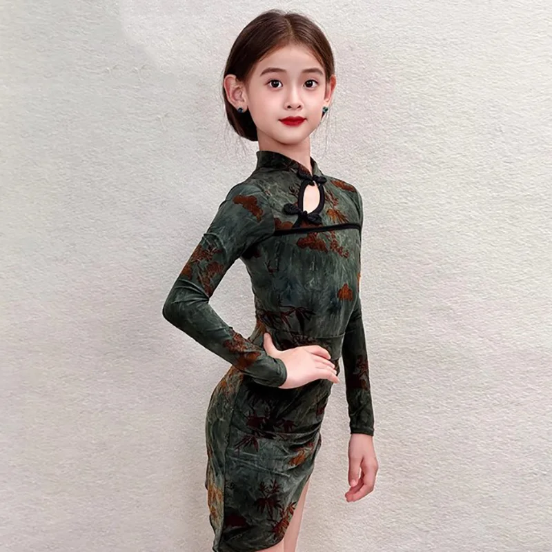 Volwassen vrouwen groene print Latin dans bodysuit en visgraat rokken professionele nationale standaard sociale Rumba danskleding kostuums