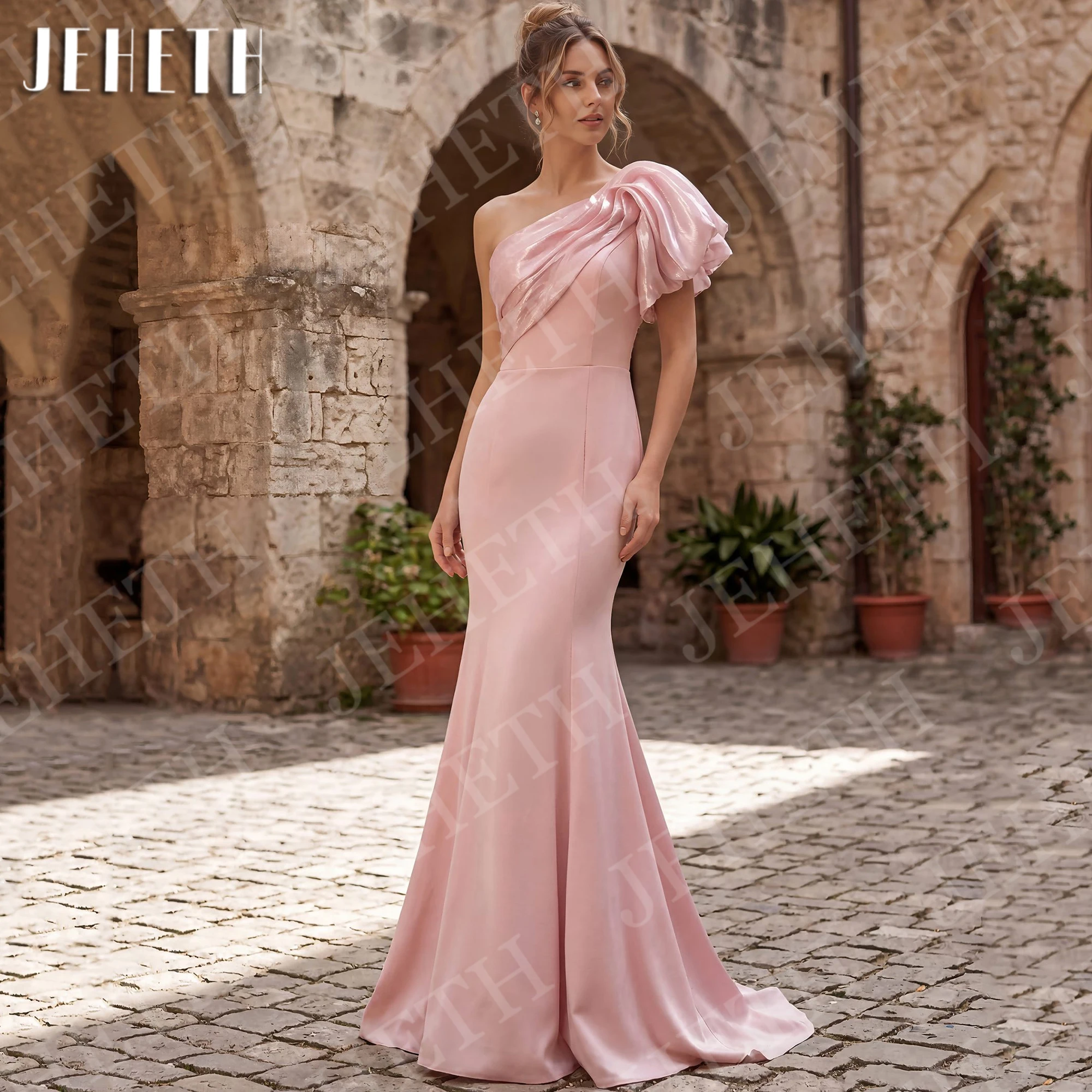 

JEHETH One Shoulder Prom Dresses Mermaid Evening Gown Pink Elegant Crepe Wedding Guest Dress Woman Customized فساتين سهرة 2026