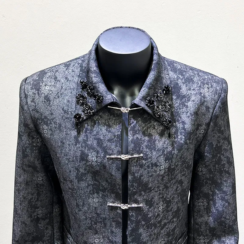 Men's Chinese Embroidered Lapel Jacket with Metal Fasteners for Alternative Fashion and Creative Performance Wear