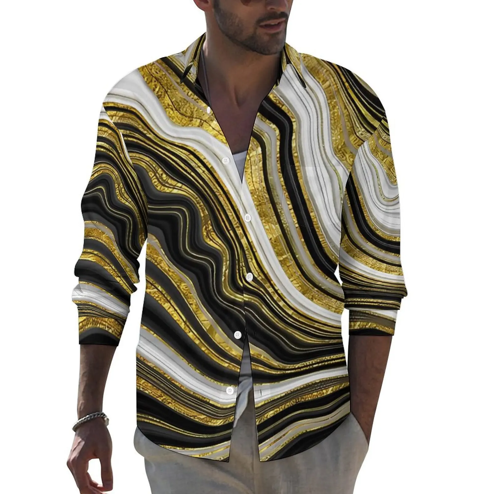 Gold Glitter Marble Print Casual Shirts Male  Shirt Long Sleeve Trendy Funny Blouses Autumn Pattern Top Plus Size