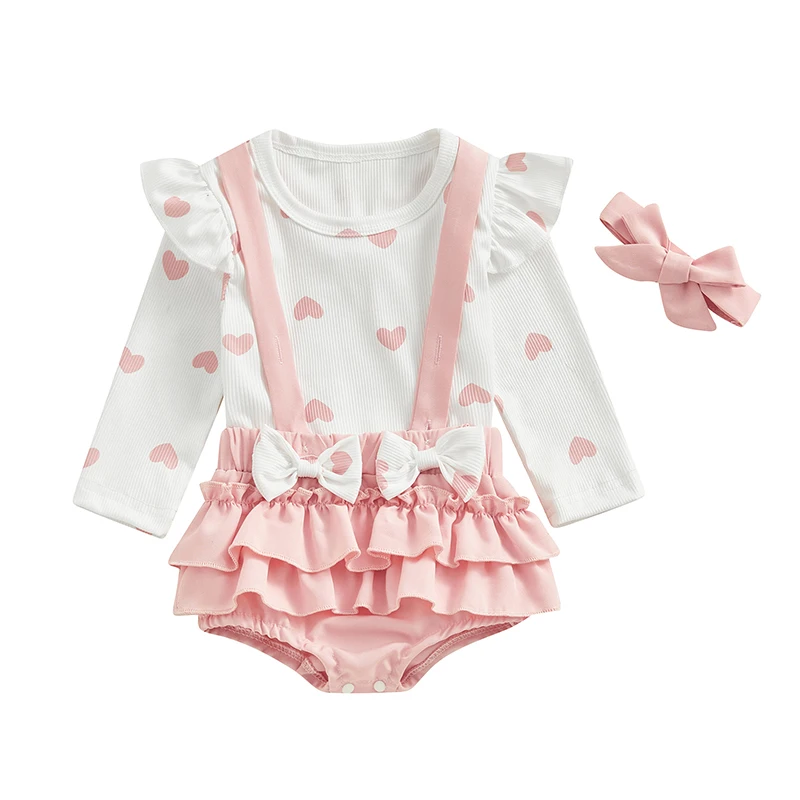 

Baby Girl Valentines Day Outfit Long Sleeve Heart Print Tops Suspender Shorts Headband Spring Sets