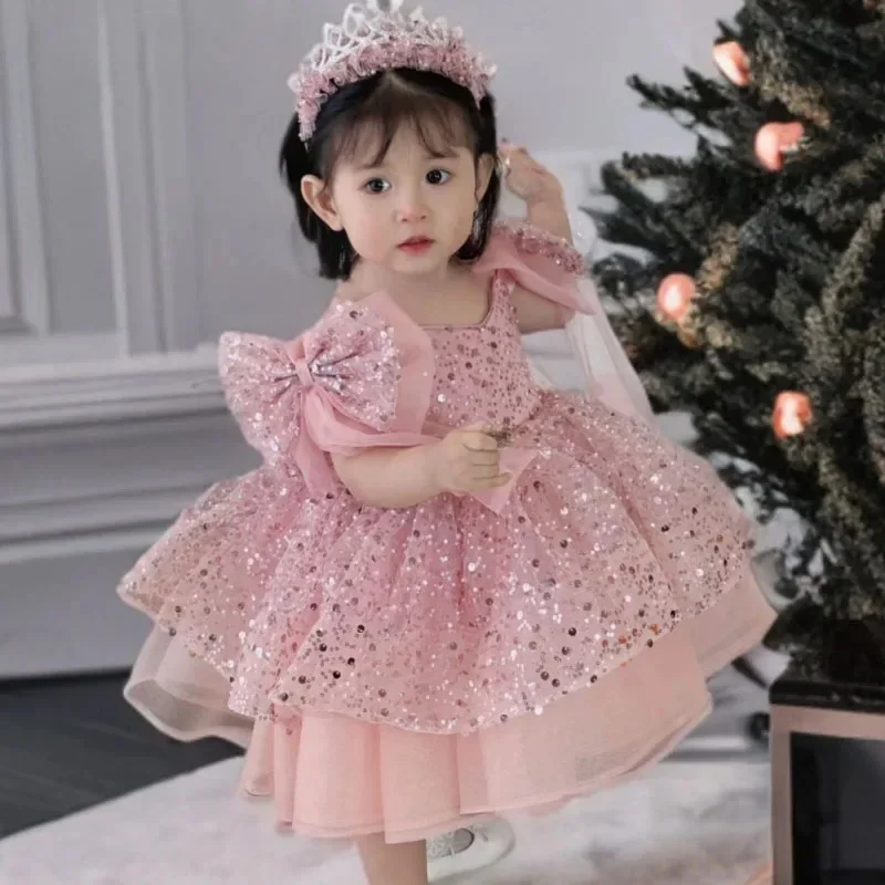 Boutique Wedding Flower Girl Dress Tulle Sequin Bow Shoulder Short Sleeve Birthday Party One Year Old Dress Kids Girls Ball Gown