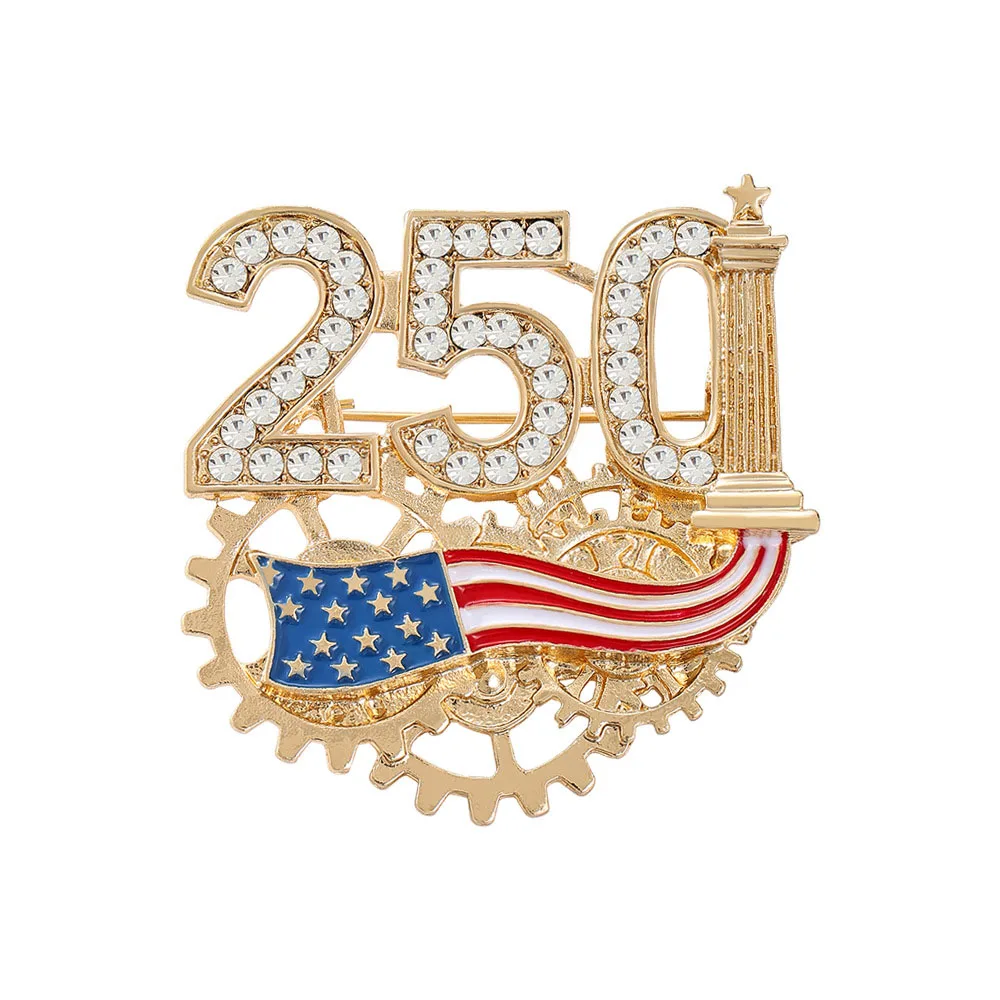 USA 250 Independence Day Brooches Badge For Women Unisex Enamel Rhinestone American Flag Round Party Brooch Pin Gifts