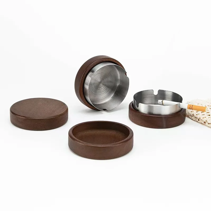 New Creative Ashtrays With Lid Walnut Wood Desktop Ashtray Stainless Steel Windproof Ash Tray for Smoking Office Home Decoration