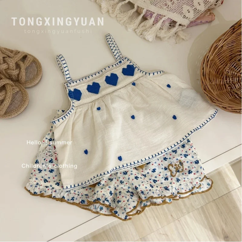 

Children's Clothing Summer New Girls Graceful Mori Suit Little Girl Embroidered Vest Top Shorts