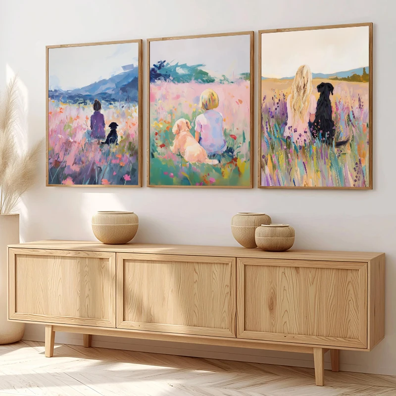 Girls And Pets Posters Girl And White Poodle Wildflower Field Spring Prints Canvas Painting Wall Art Pictures Home Bedroom Decor