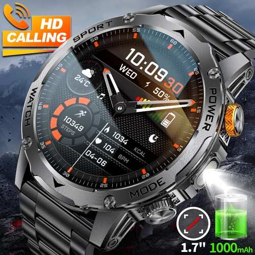 Imagen 1 del producto Reloj inteligente militar LIGE para hombre, batería de 1000mAh, linterna LED para exteriores, resistente al agua, ritmo cardíaco, deporte, llamada BT, reloj inteligente AMOLED de 1,7""