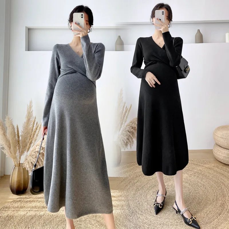 Autumn Winter Korean Fashion Knitted Maternity Long Dress Across V neck A Line Slim Clothes for Pregnant Women Pregnancy