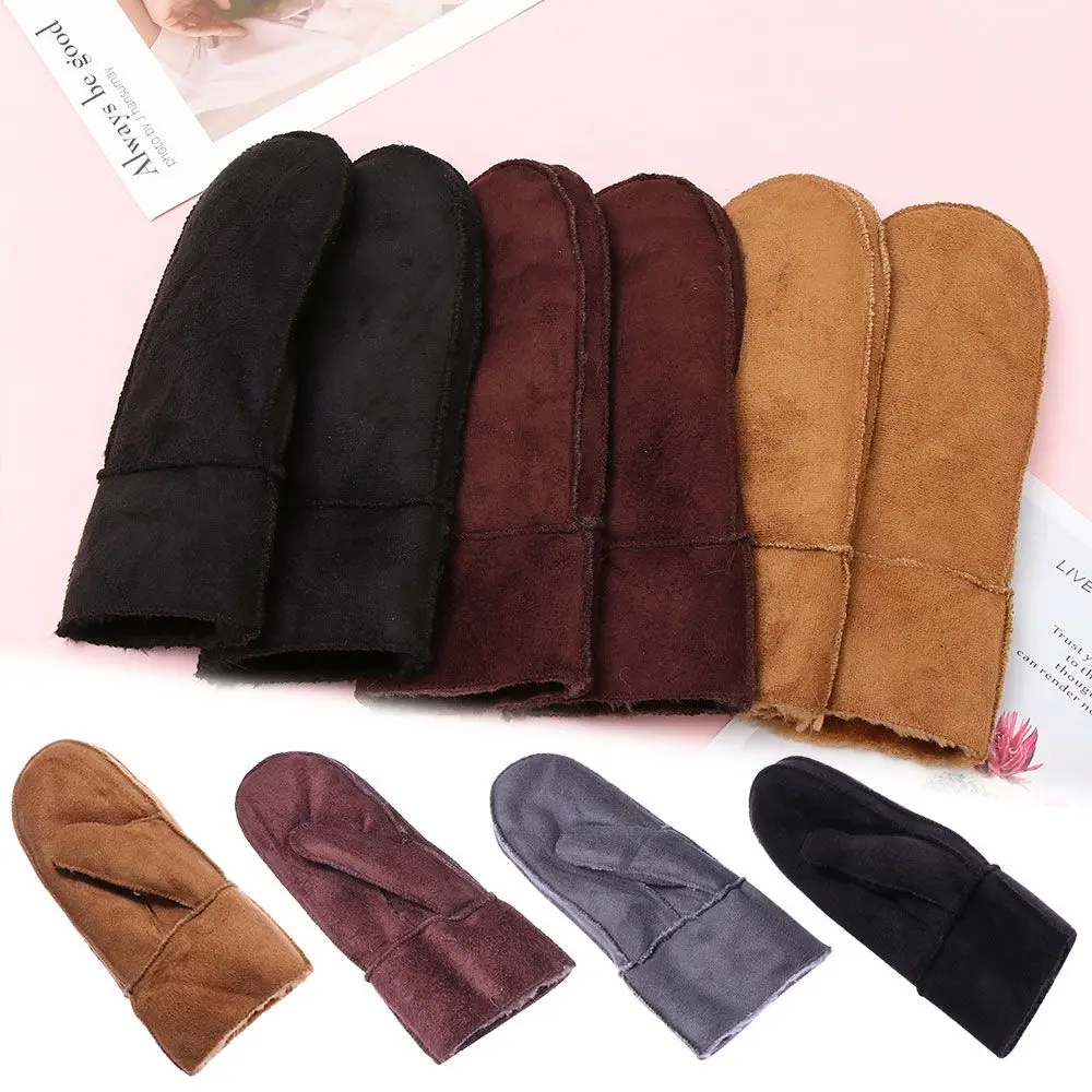 Thicken Female Male Full Finger Winter Artificial Leather Fur Warm Lady Mittens Imitation Sheepskin Gloves