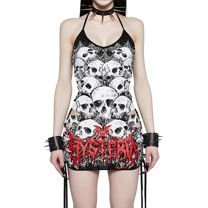 K-POP Skull Sling Dress Subcultural Sexy Wrapped Hip Skirt Women Music Festival Nightclub Role Playing Performance Costumes XH47