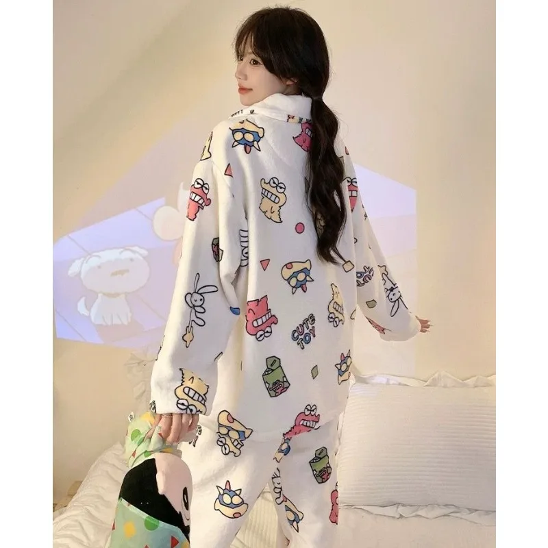 2025 New Coral Velvet pajamas,  Cartoon Crayon Shin chan Crocodile Party, Cute Hello Kitty Autumn/Winter Home Furnishing Set