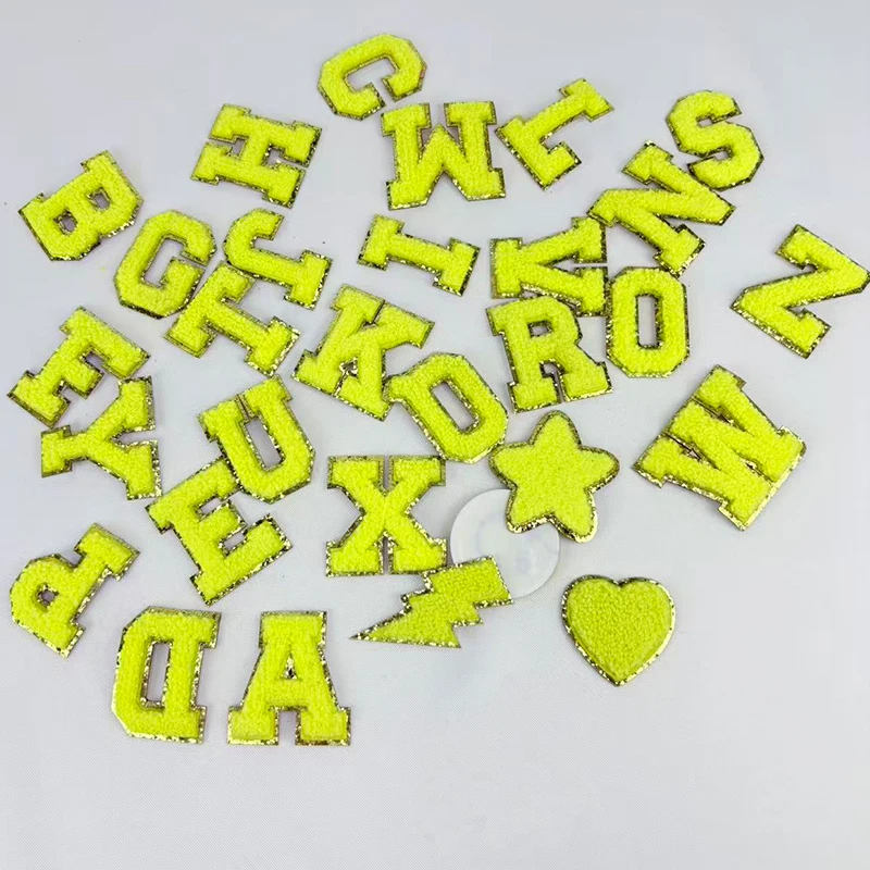 Picture 6: Yellow Letters Sticker Patch Alphabet Towel Embroidered Chenille Patches for Clothing Bags Jacket Stick on Accessories Applique