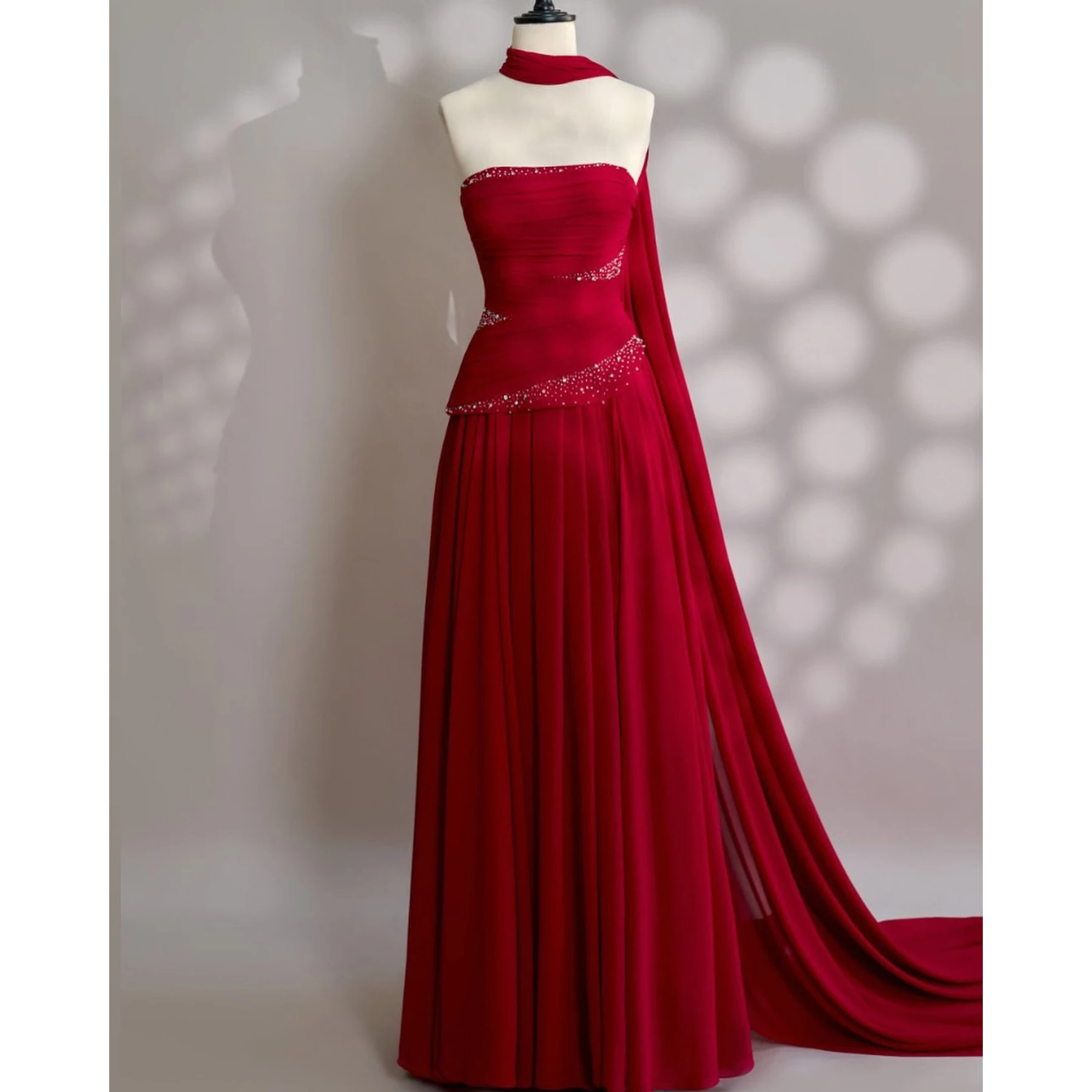 

Welove Elegant Customized Strapless Chiffon Prom Dresses For Special Occasion Beaded Party Gown A Line Evening Dress