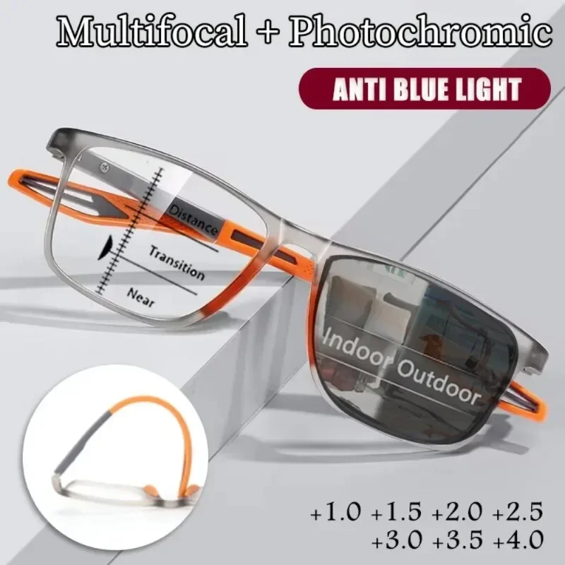 Men Multifocal Photochromic Reading Glasses Look Far and Near Eyeglasses Unisex Sport TR90 Frame Anti Blue Light Grade Eyewear