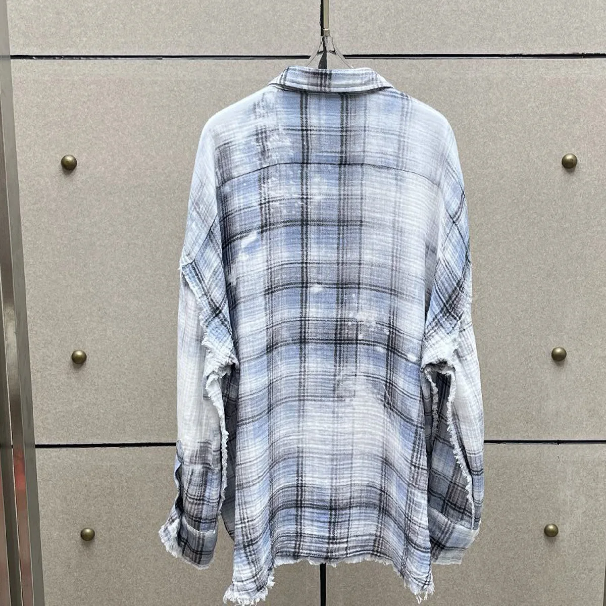 High Quality Women Blue White Plaid Raw Edge Oversized Shirt, Lapel Long Sleeve Tie Dye Check Blouse Jacket